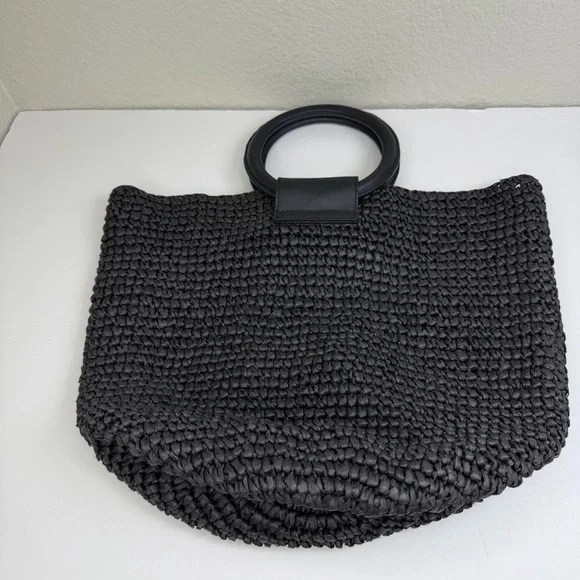 & Other Stories Black Woven Paper Straw Circle Ring Tote Boho Handbag - Picture 2 of 9